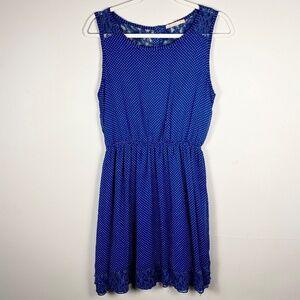 Blue and white polka dot lace back dress with elastic waist vintage